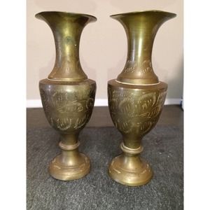 2 Vintage Sarna Etched Brass Vases From India